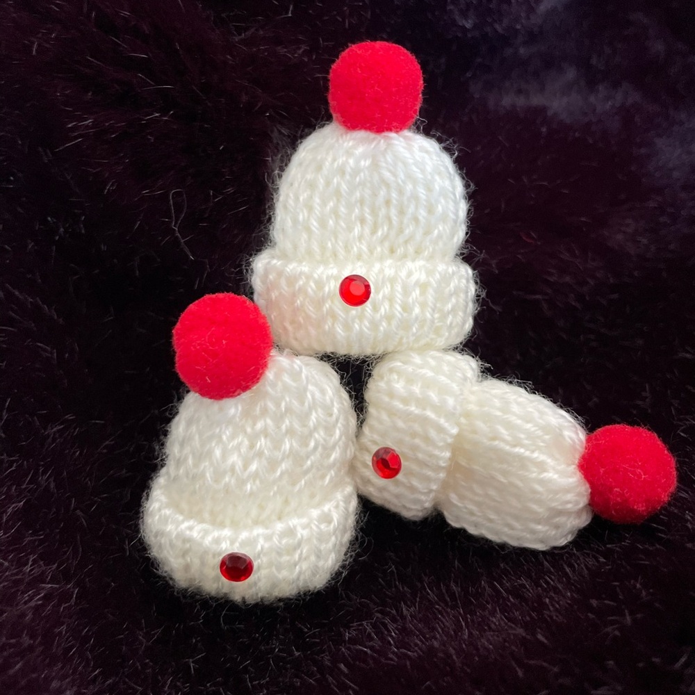 Three Mini Ski Hat Pom-Poms Pins Red/Green/White